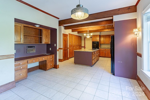 kitchen with beamed ceiling, a kitchen island, light tile patterned floors, and black appliances