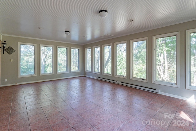 unfurnished sunroom featuring a baseboard heating unit