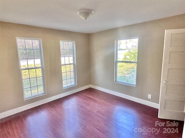 empty room with dark hardwood / wood-style flooring and plenty of natural light