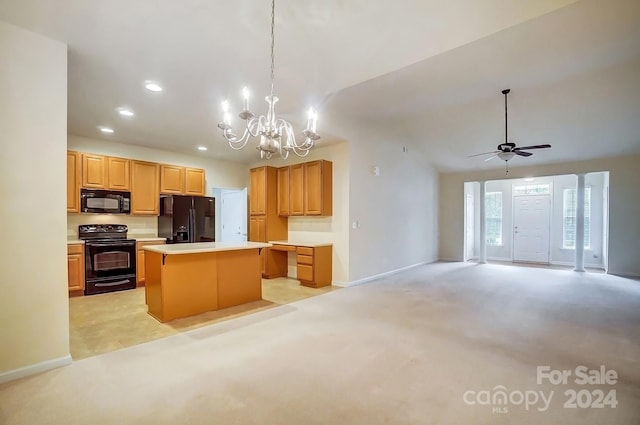 kitchen with a center island, pendant lighting, light carpet, black appliances, and ceiling fan with notable chandelier