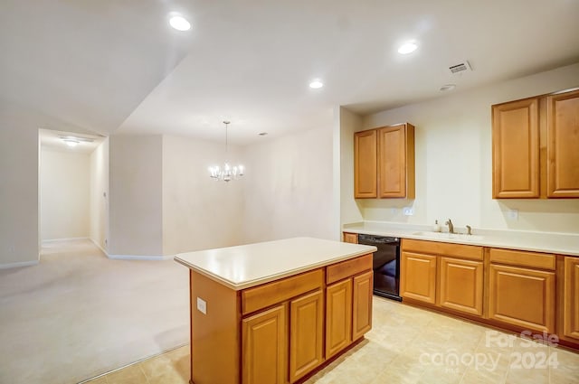 kitchen with dishwasher, sink, decorative light fixtures, a kitchen island, and a chandelier