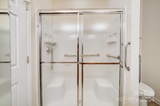 bathroom with toilet and a shower with door