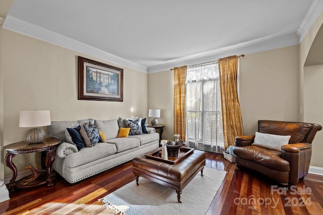 living room with wood-type flooring and ornamental molding