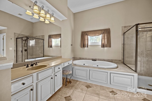 bathroom featuring tile patterned floors, vanity, and plus walk in shower