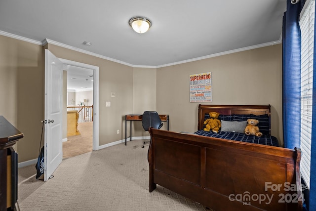 bedroom featuring crown molding and light colored carpet