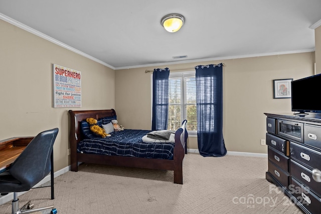 bedroom featuring ornamental molding and light carpet