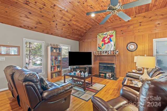 living room featuring ceiling fan, wood ceiling, light wood-type flooring, and lofted ceiling