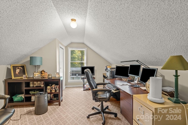 carpeted office space with lofted ceiling and a textured ceiling