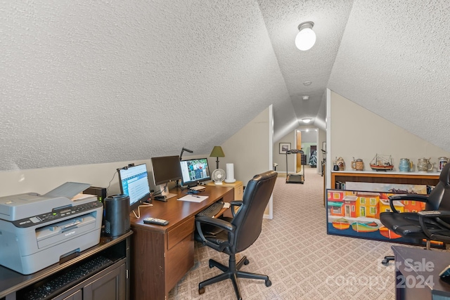 carpeted office featuring a textured ceiling and lofted ceiling