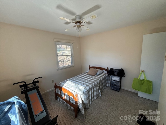 bedroom with ceiling fan and carpet flooring