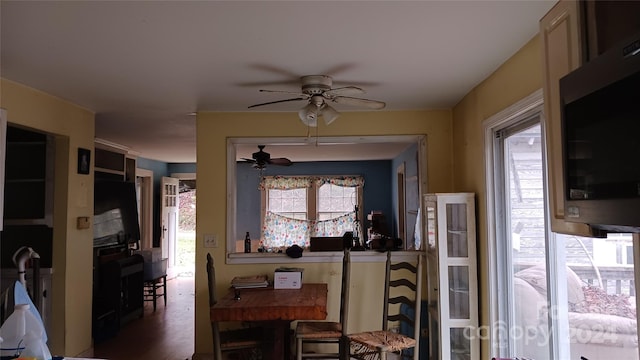 dining room with ceiling fan and dark hardwood / wood-style floors