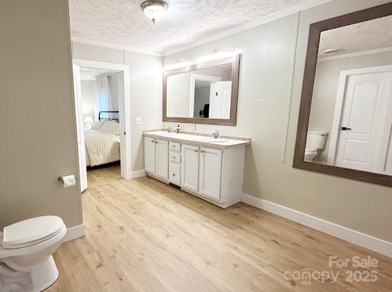 bathroom featuring vanity, crown molding, toilet, a textured ceiling, and wood-type flooring