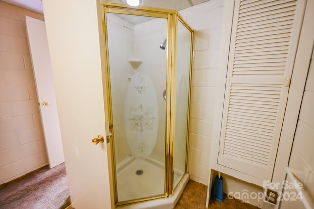 bathroom with a shower with shower door