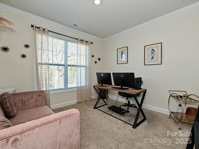 office space with crown molding and light carpet