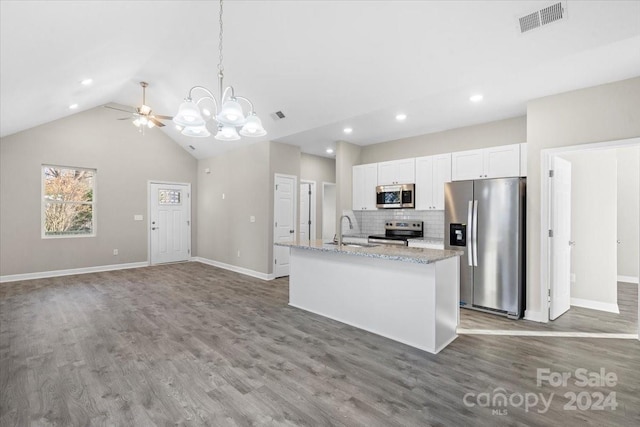 kitchen featuring white cabinetry, a kitchen island with sink, hardwood / wood-style flooring, and appliances with stainless steel finishes