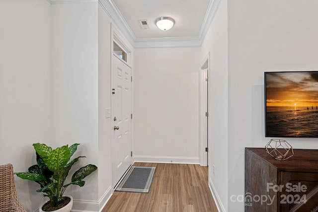 hallway with crown molding and wood-type flooring