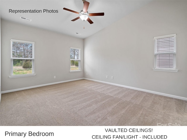 204 Lake George Dr, Shelby, NC 28152 - carpeted empty room with ceiling fan, baseboards, and vaulted ceiling