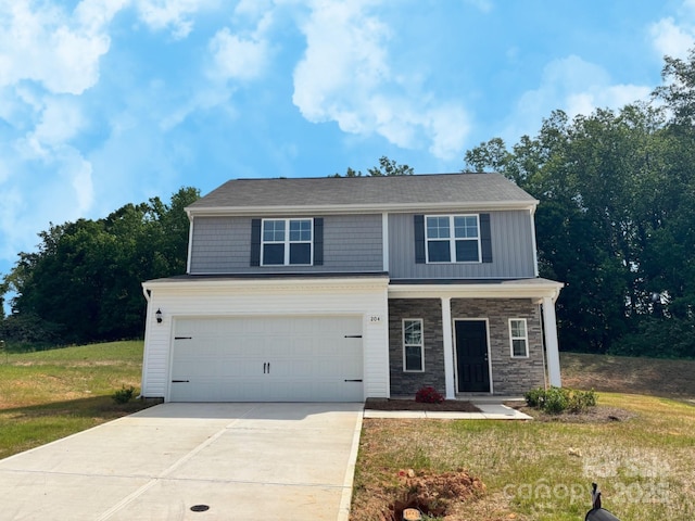204 Lake George Dr, Shelby, NC 28152 - view of front facade with an attached garage, concrete driveway, stone siding, a front lawn, and board and batten siding
