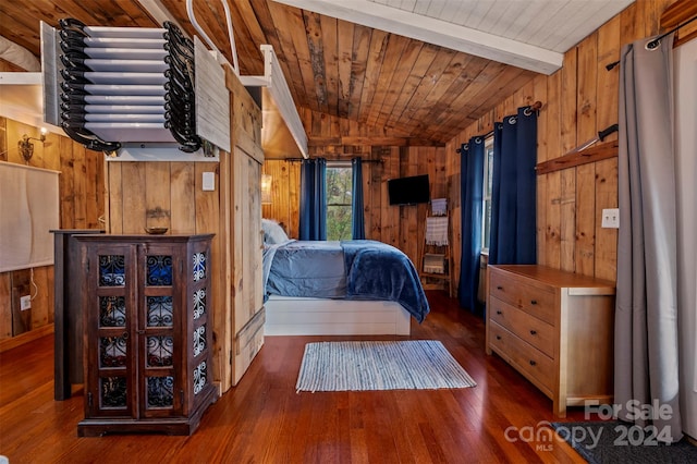 bedroom featuring wood walls, vaulted ceiling with beams, dark hardwood / wood-style floors, and wood ceiling