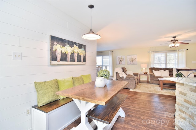 dining space with ceiling fan and dark hardwood / wood-style flooring