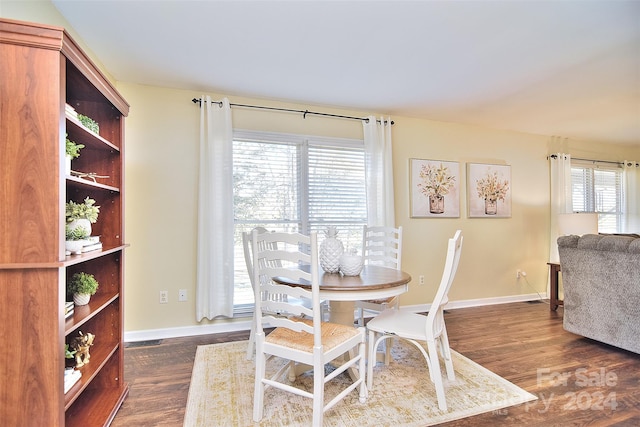 dining room featuring dark hardwood / wood-style floors and a healthy amount of sunlight