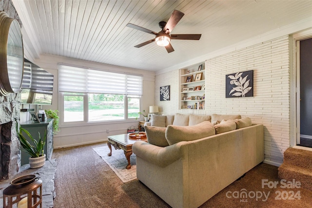 living room featuring wooden ceiling, built in features, ceiling fan, and dark carpet