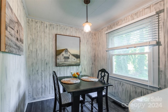 dining space with a wealth of natural light, dark hardwood / wood-style flooring, and crown molding