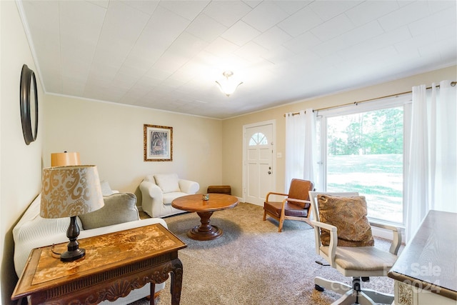 carpeted living room featuring crown molding