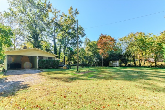 view of yard featuring a carport and a storage unit