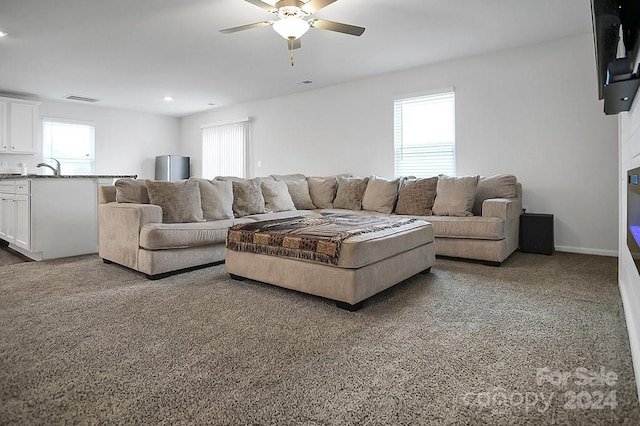 living room featuring ceiling fan, a healthy amount of sunlight, and carpet floors