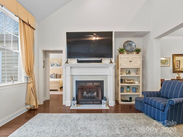 living room with dark wood-type flooring and lofted ceiling