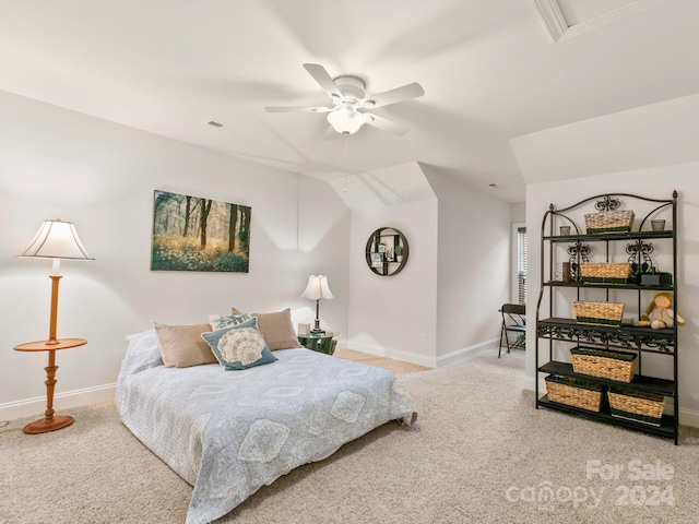 carpeted bedroom featuring ceiling fan