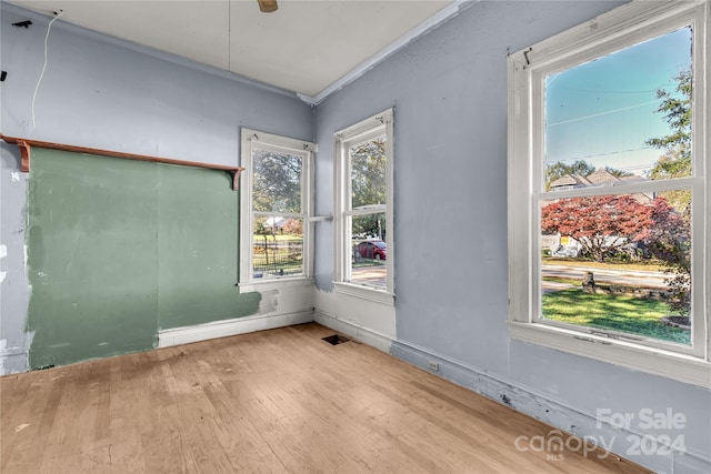 spare room with ornamental molding and light hardwood / wood-style floors