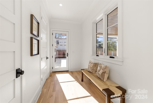 entryway featuring light hardwood / wood-style floors, crown molding, and a wealth of natural light