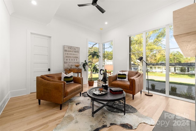 sitting room with light hardwood / wood-style flooring, ceiling fan, and crown molding