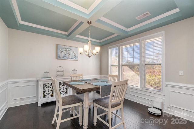 dining room featuring beam ceiling, coffered ceiling, an inviting chandelier, dark hardwood / wood-style flooring, and crown molding