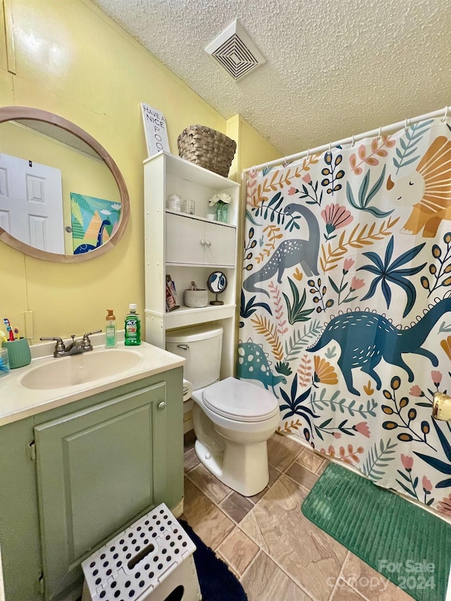 940 Devil Track Rd, Taylorsville, NC 28681 - bathroom featuring a textured ceiling, toilet, vanity, and a shower with shower curtain