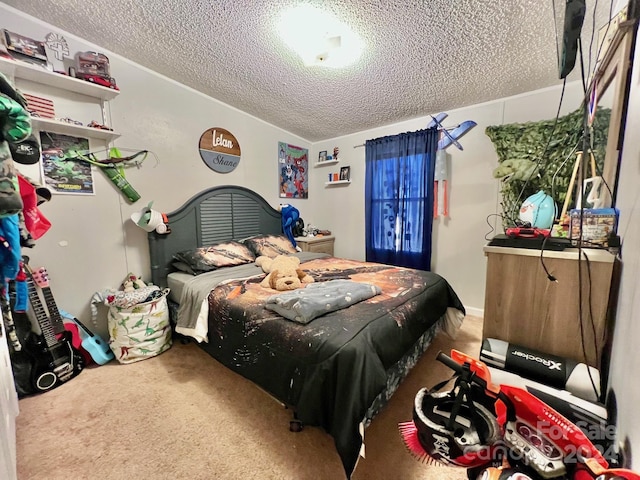 carpeted bedroom with a textured ceiling