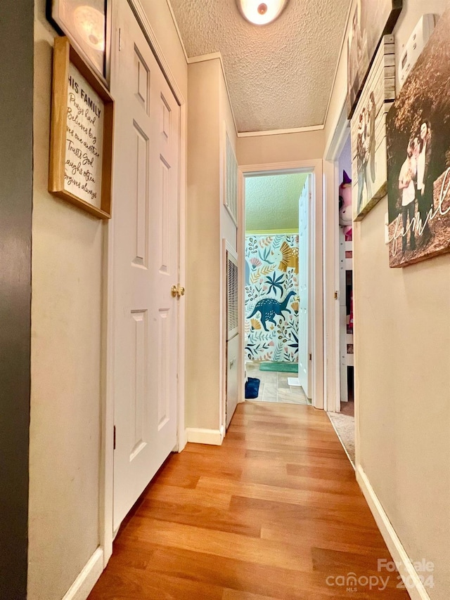 940 Devil Track Rd, Taylorsville, NC 28681 - corridor featuring wood finished floors, baseboards, and a textured ceiling