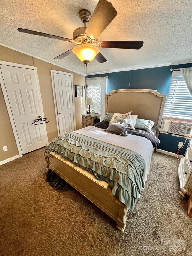 940 Devil Track Rd, Taylorsville, NC 28681 - carpeted bedroom with a textured ceiling, cooling unit, and a ceiling fan