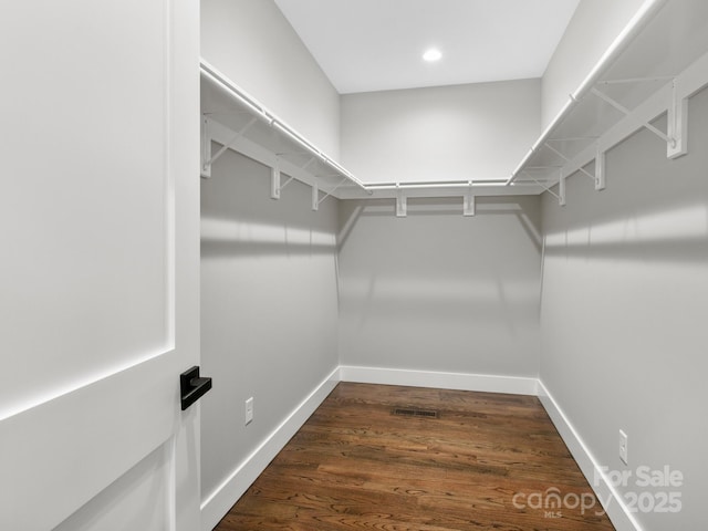 walk in closet with dark wood-type flooring