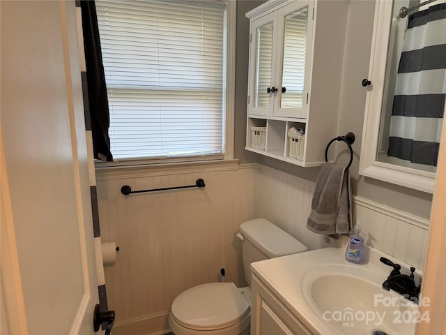 bathroom with toilet, vanity, and walk in shower