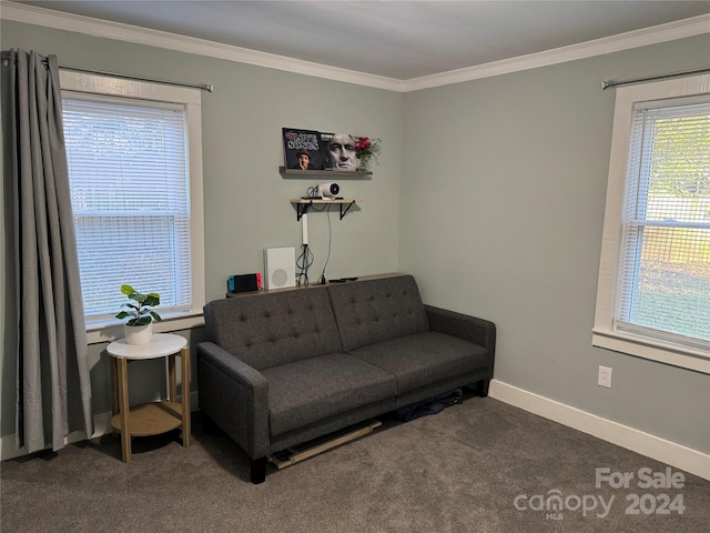 sitting room featuring dark colored carpet and ornamental molding