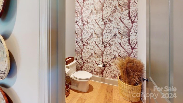 bathroom with toilet and hardwood / wood-style flooring