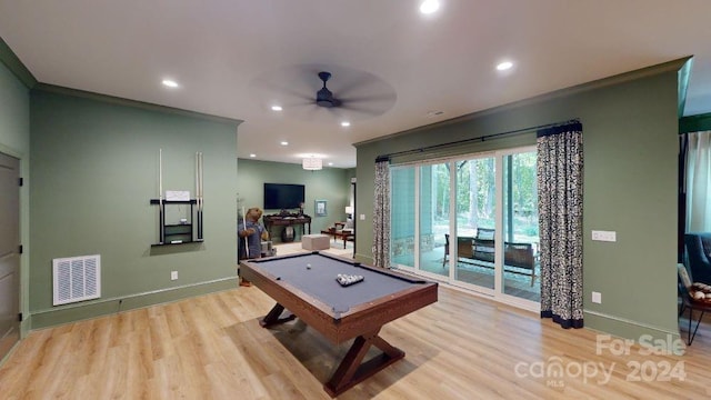 game room with ceiling fan, light hardwood / wood-style floors, ornamental molding, and pool table