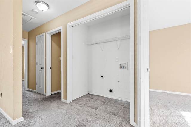 laundry room featuring hookup for an electric dryer, washer hookup, and light carpet