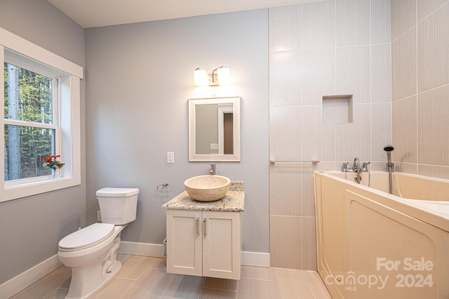 bathroom with a tub to relax in, vanity, and toilet