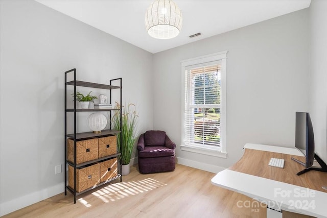 office with plenty of natural light and light hardwood / wood-style flooring