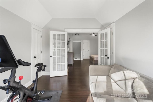 8225 Ballymore Ct, Huntersville, NC 28078 - exercise area featuring french doors, lofted ceiling, wood finished floors, a ceiling fan, and baseboards