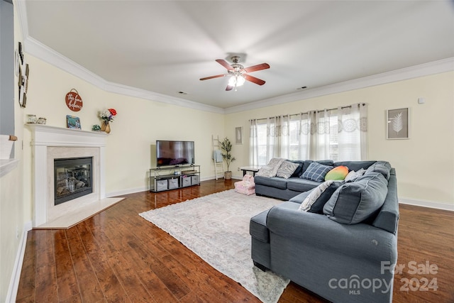 living room with ceiling fan, dark hardwood / wood-style flooring, and crown molding